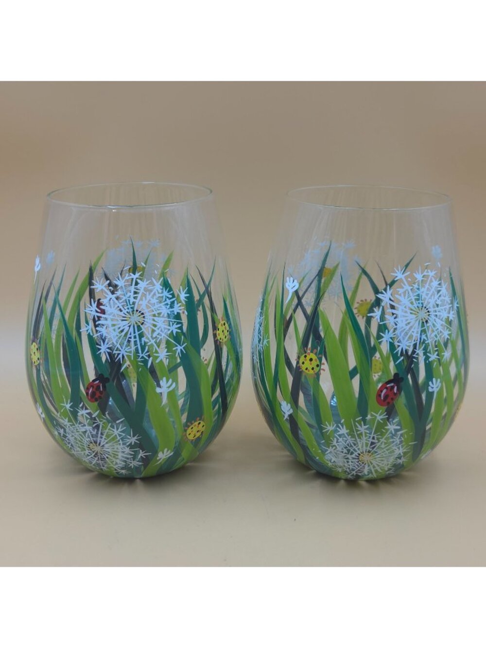Lolita Dandelion Stemless Wine Glass Set of 2 Hand Painted Ladybug Garden Floral